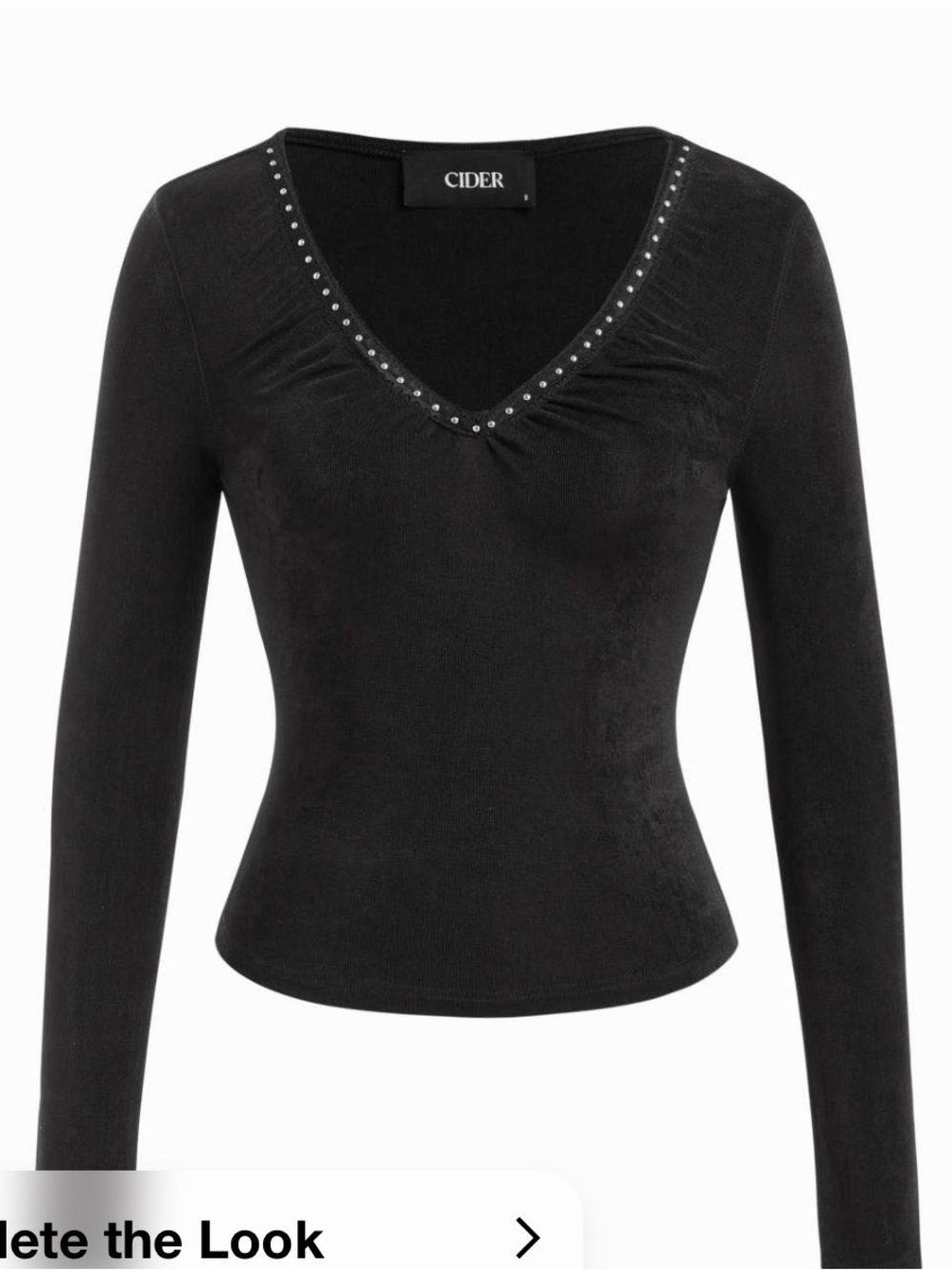 Cider Black Long Sleeve V‑Neck Top with Stud Trim